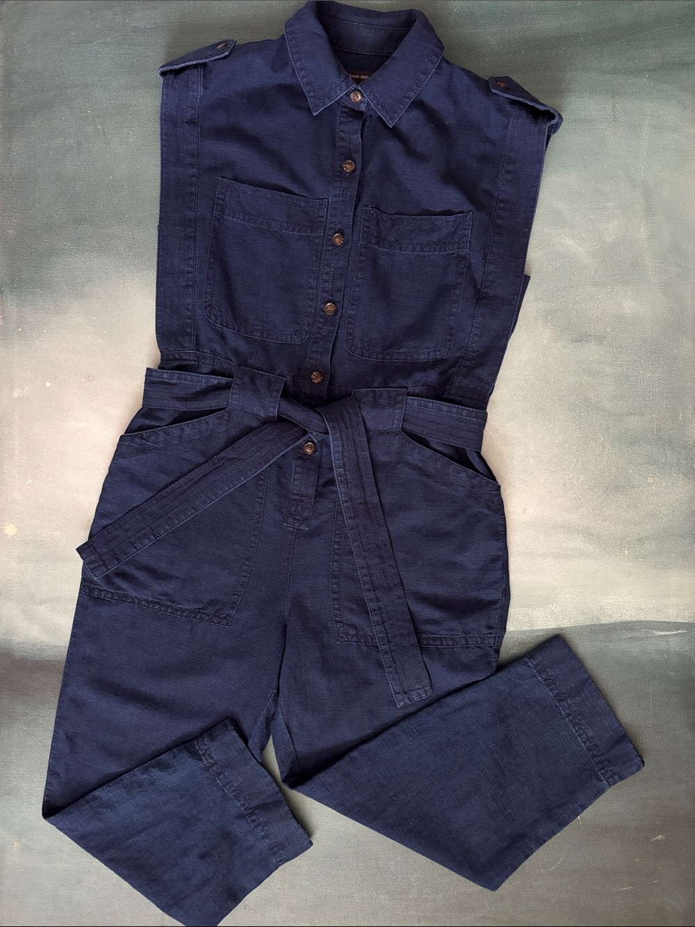 Banana Republic Sleeveless Utility Jumpsuit Linen Cotton Indigo Blue - Picture 4 of 12